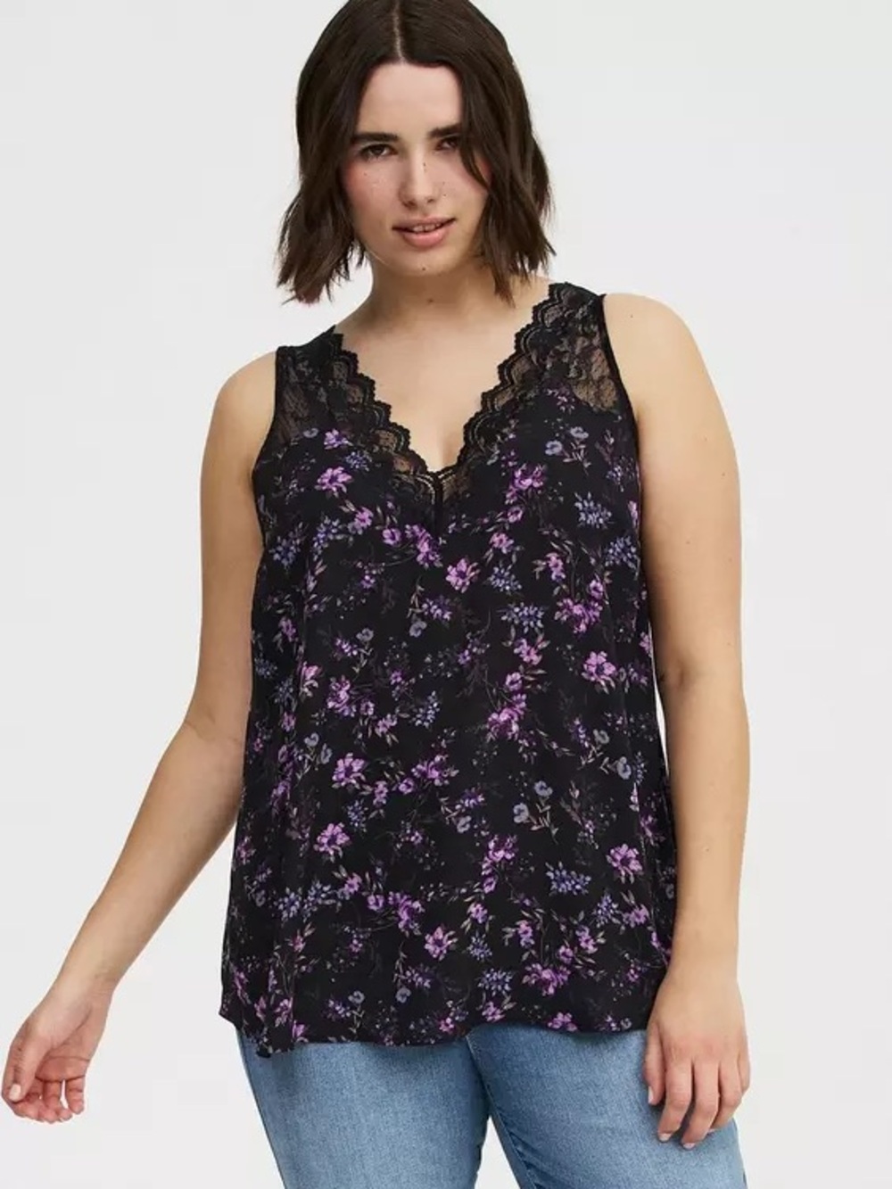 Torrid Lace Trim Floral V-Neck Tank